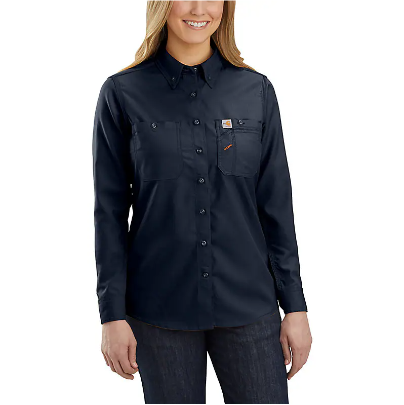 Carhartt, FR Women's Flame-Resistant Force Relaxed Fit Lightweight Long-Sleeve Shirt, 104147, Navy, Gray- Includes Eggelholf Company Logo LC