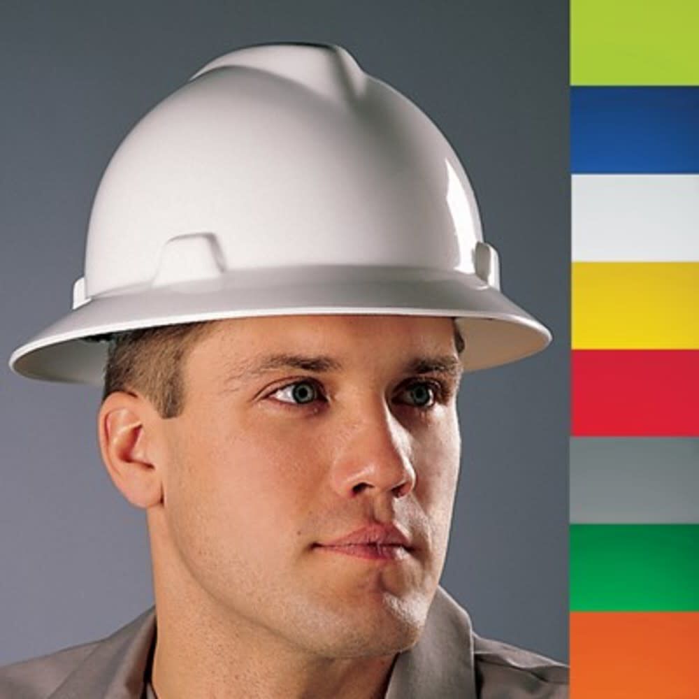 White-MSA Full Brim Hard Hat, V-Gard, w/Fas-Trac III Suspension